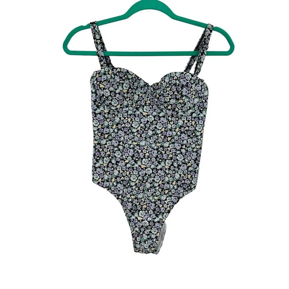 Rouje Paris Victoria One Piece‎ Swimsuit Black Blue Purple Floral Size 36 US 4